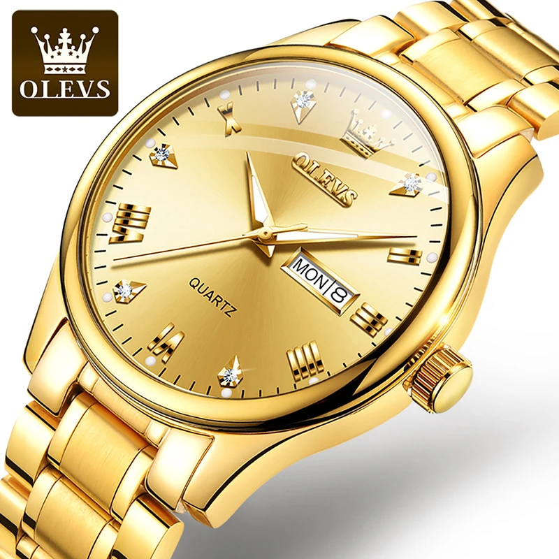 

Часы наручные OLEVS Мужские кварцевые со стразами, брендовые Роскошные светящиеся водонепроницаемые, полностью золотистые, 5563 г