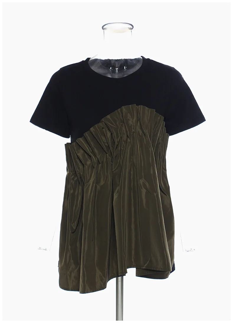 

[DEAT] O-neck Collar Short Sleeve Black And Army Green T-shirt Patchwork Pleated Top Summer Clothes For Women 2021 GX1118