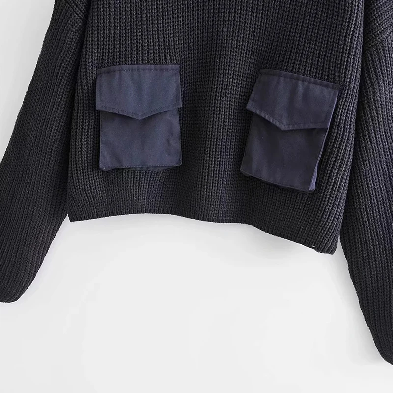 Модный свитер с двойным карманом и воротником-стойкой женский осенне-зимний