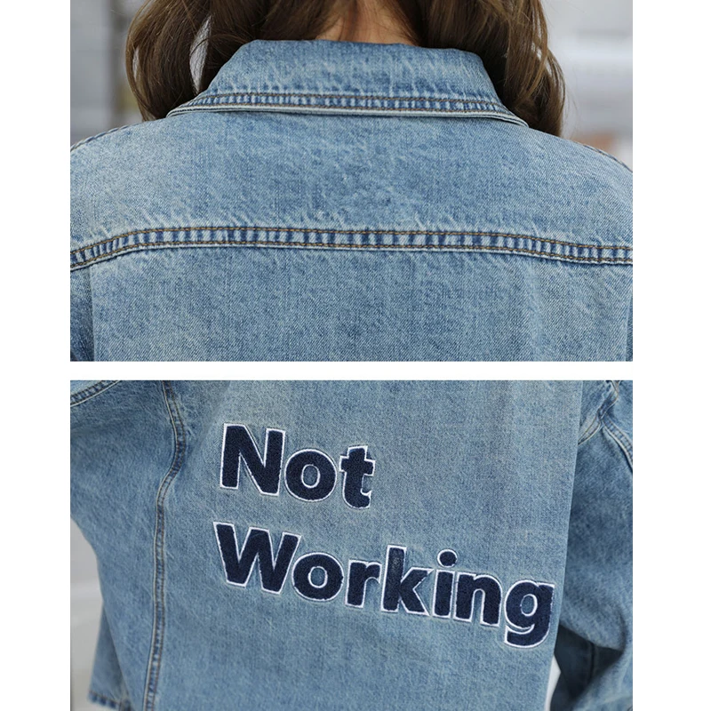 

New 2021 Spring Autumn Women Denim Jackets Embroidery Letter Ladies Jean Loose Coats Casual Female Blue Outerwear KN143