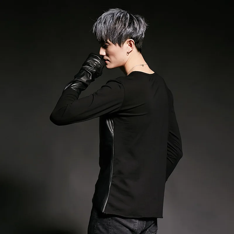 Мужская кожаная облегающая футболка с длинным рукавом в стиле панк готика одежда
