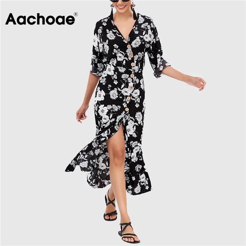 Женское длинное платье с цветочным принтом Aachoae Пляжное шифоновое глубоким v