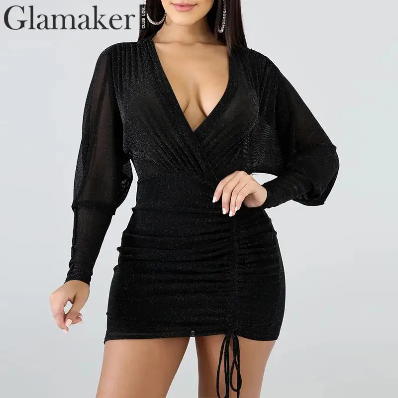 Glamaker сексуальное Плиссированное Прозрачное платье с v образным вырезом женское