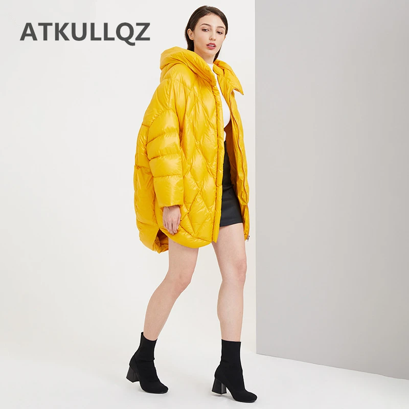 

ATKULLQZ 2019 новая зимняя пуховая куртка женская, Женская длинная куртка с гусиным пухом, пуховик, свободный фасон, светильник с капюшоном ромбов...