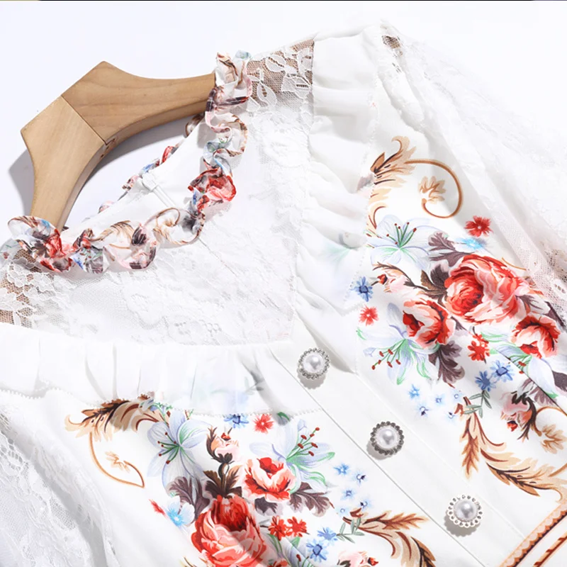

Runway Elegant Spring New Women Designer Lace Long Sleeve Patchwork Print Pearl Buttons Slim High Quality Party Ladies Dress