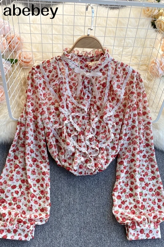 

Chiffon Floral Print Blouse Women Spring O Neck Puff Sleeve Ruffle Tops Boho Mesh Patchwork Streetwear Blouses