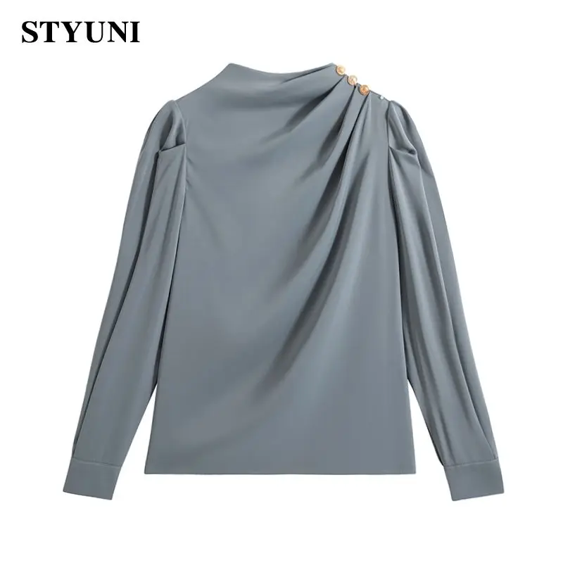 

Женская шифоновая рубашка с коротким рукавом-фонариком и высоким воротником