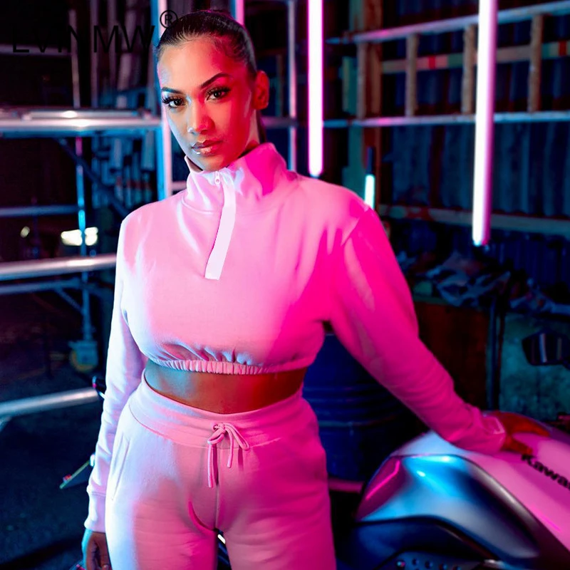 LVINMW Повседневный розовый тонкий комплект из двух предметов водолазка на молнии