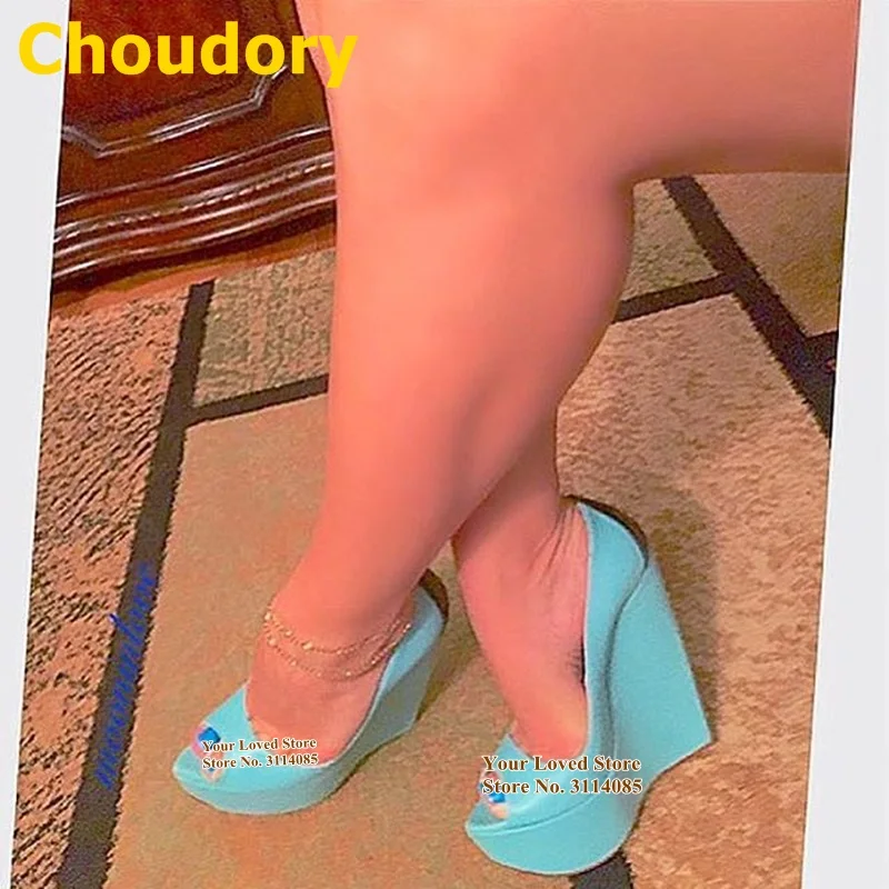 Choudory Turquoise Matte Leather Wedges Shoes Black Heel Color Patchwork Open Toe Platform Wedding Dress Dropship Size47 | Обувь