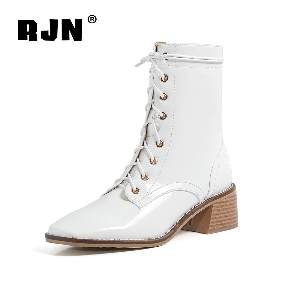 Jual RJN Pergelangan Kaki Santai Sepatu Klasik Square Toe Kualitas Tinggi Kulit Paten Sepatu Mid-Heel Resleting Stylish Untuk Wanita RO263