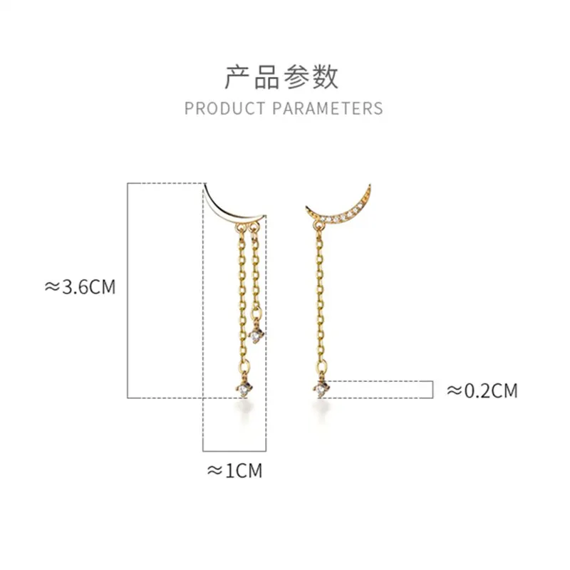 

A00303 Korean 925 Sterling Silver Round Zircon Chain Tassel Crescent Moon Drop Earrings for Fashion Women Daily Wear