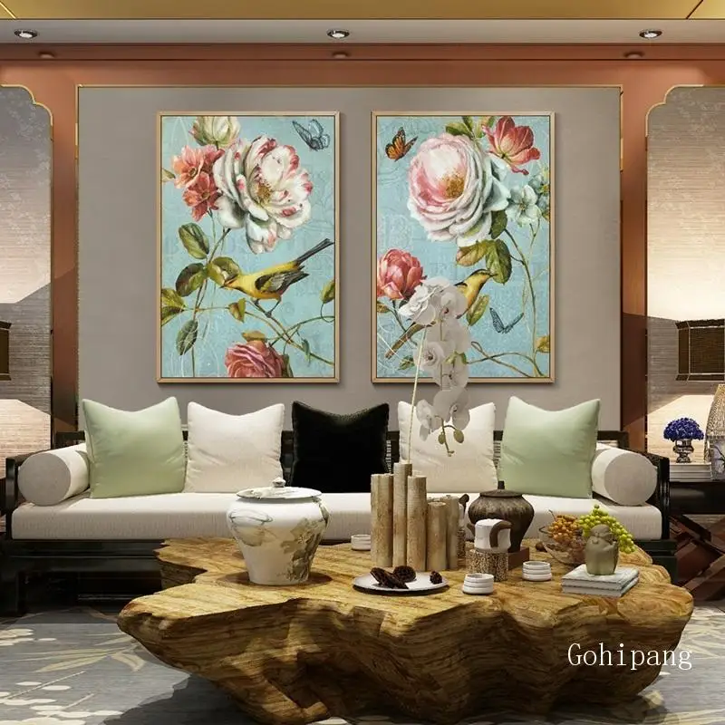 Свежие садовые цветы птица холст картина в скандинавском стиле декоративный