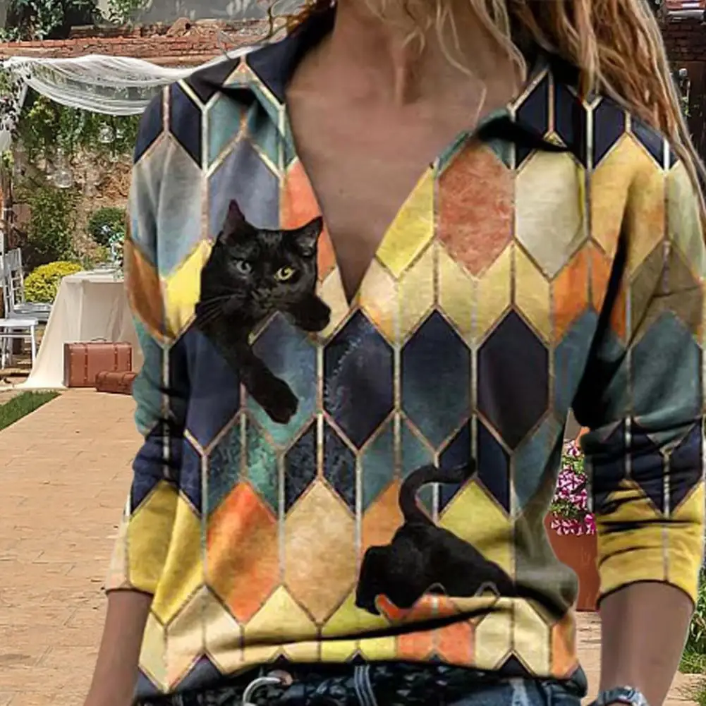 Женские Геометрические шестиугольник без рукавов с принтом кошки отложным