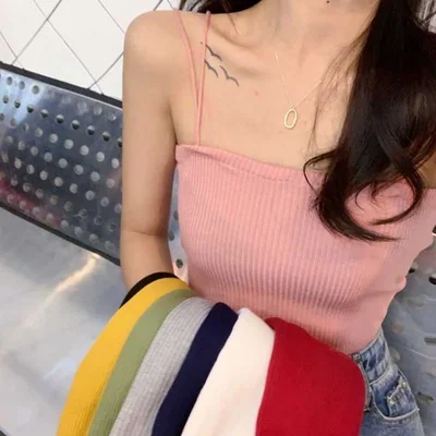 Кроп Топ женский винтажный на бретелях спагетти пикантная майка без рукавов