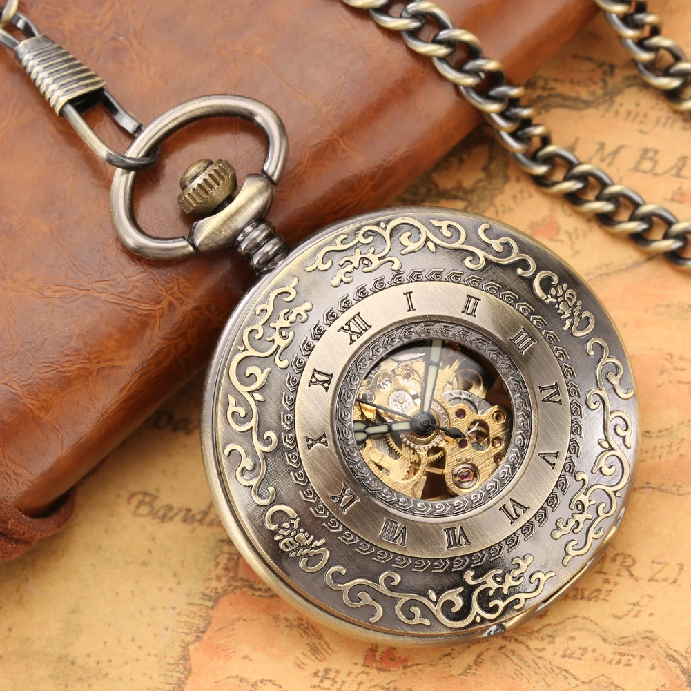 

Bronze Roman Number Retro Lady Pocket Watch Automatic Mechanical Carved Case Practical Thick Pendant Chain Antique Watches Man