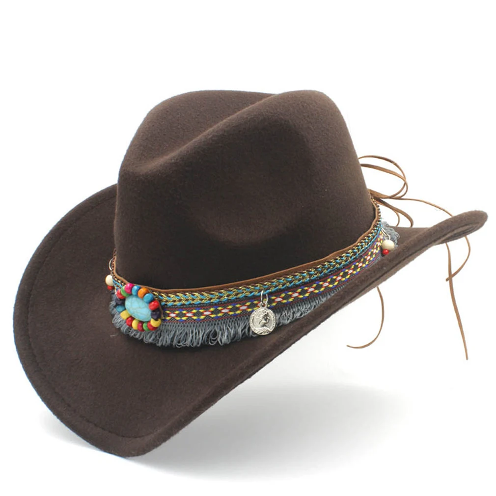 Cute Kids Wool Blend Wide Brim Western Cowboy Hat Children Boys Girls Junior Cowgirl Cap Bohemia Tassel Ribbon Band Size 54cm