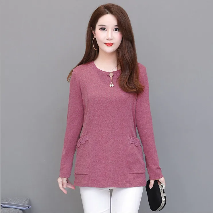 pink 2998 Футболки с длинным рукавом Женские топы Пуловеры с круглым вырезом джемпер Весна Осень Новые повседневные размера плюс среднего возраста Материнские рубашки - Цвет: pink 2998