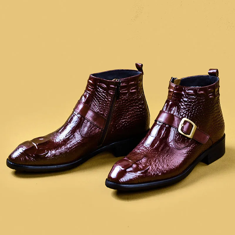 

Genuine Crocodile Pattern Leather Brand Men Winter Boots Ankle Boots Man Waterproof Boots Men Buckle Strap Outdoor Boots A006