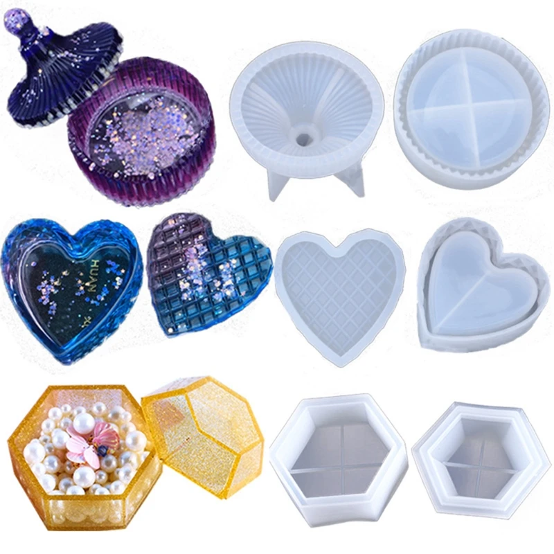 

3 Styles Heart Round Storage Box Resin Casting Mold with Lids Storage Container Epoxy Resin Casting Silicone Molds Kit