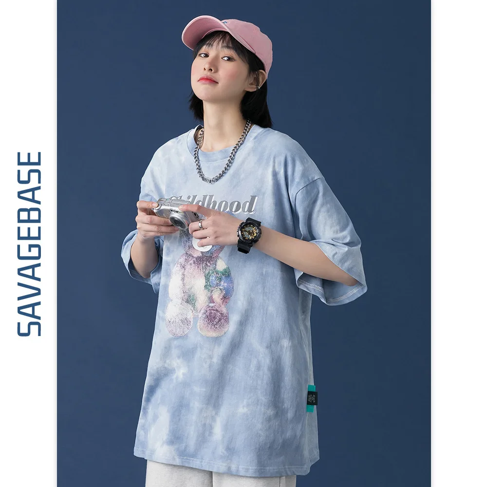 

Japanese bear print short sleeve T-shirt couples fashion European/American tide street loose tie-dye retro style Kawaii Tops Tee