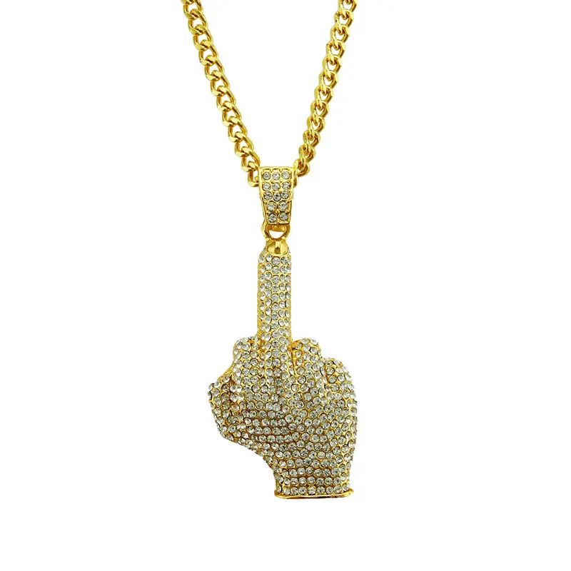 

Mens Hip Hop Gold Plated Silver Iced Out Crystal Middle Finger Pendant Necklaces With Chain Lucky Jewelry