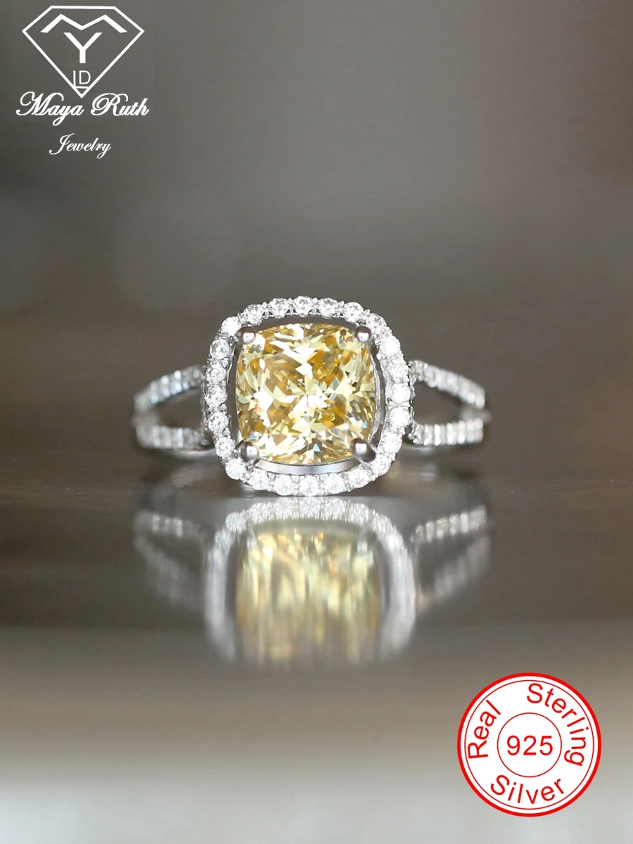 

Simulated Yellow Diamond Ring Real 925 Sterling Silver Party for Women Anniversary Bridal Gifts Sparkling Gemstone Square Shape