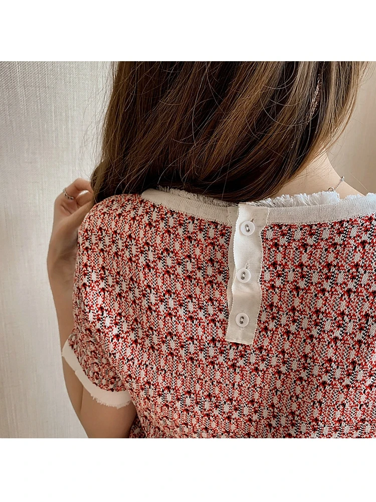 

New Korean Knitted Short Sleeve O Neck Women Pullovers Harajuku Hit Color Patchwork Plaid New Sweaters Vintage Sweet T-shirts