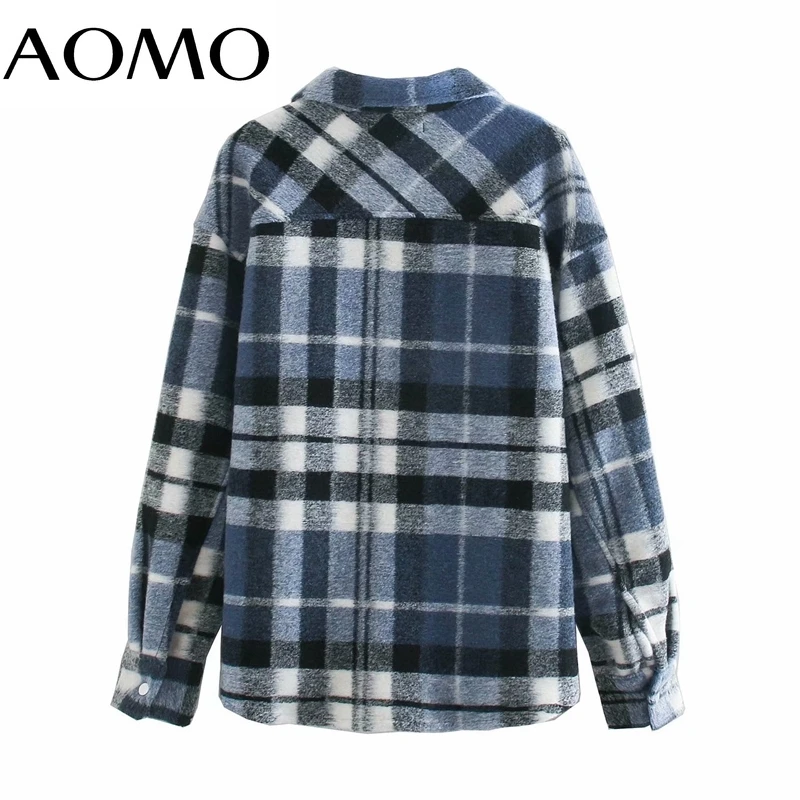 

AOMO Women Blue Plaid Thick Coats Jacket Loose Long Sleeves Pocket 2021 Ladies Elegant Autumn Winter Coat 6P40A
