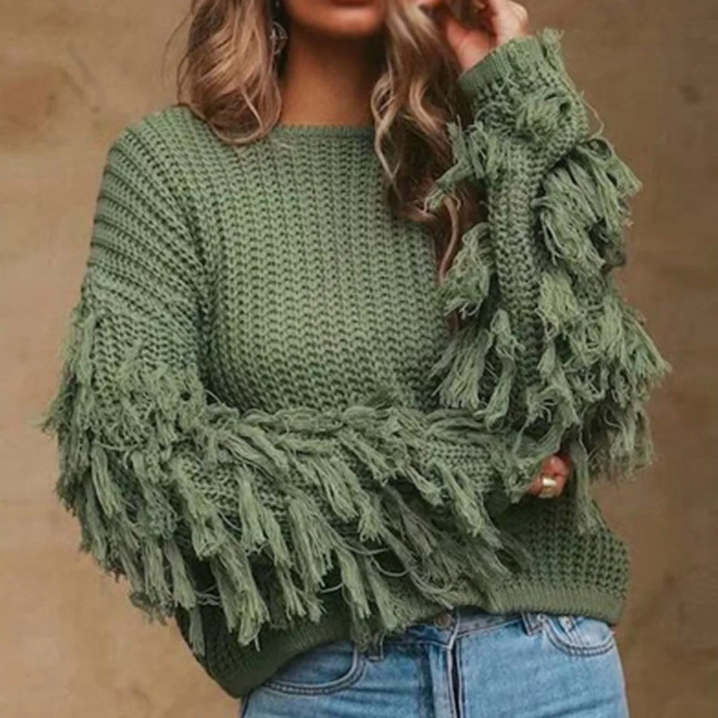 

Женский вязаный свитер с бахромой, однотонный мягкий теплый пуловер с длинным рукавом, повседневный свободный джемпер, Осень-зима 2019