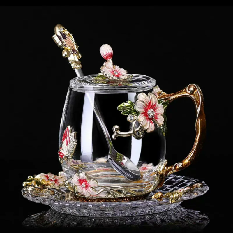 1cup1spoon1Lid1Tray Красота и Новинка эмалированная кофейная чашка кружка цветочный чай стеклянные чашки для горячих и холодных напитков чайная чашка ложка Набор идеальный свадебный подарок - Цвет: 1cup1spoon1Lid1Tray