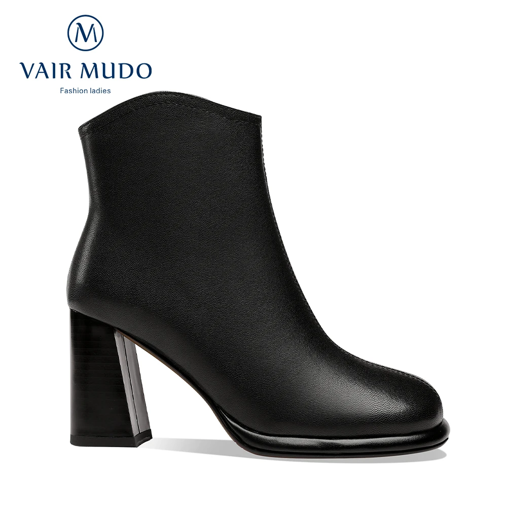 

VAIR MUDO Women Ankle Boots Shoes High Heels Round Toe Concise Genuine Leather Black Brown Platform Concise Solid ShoesWM-X371-C