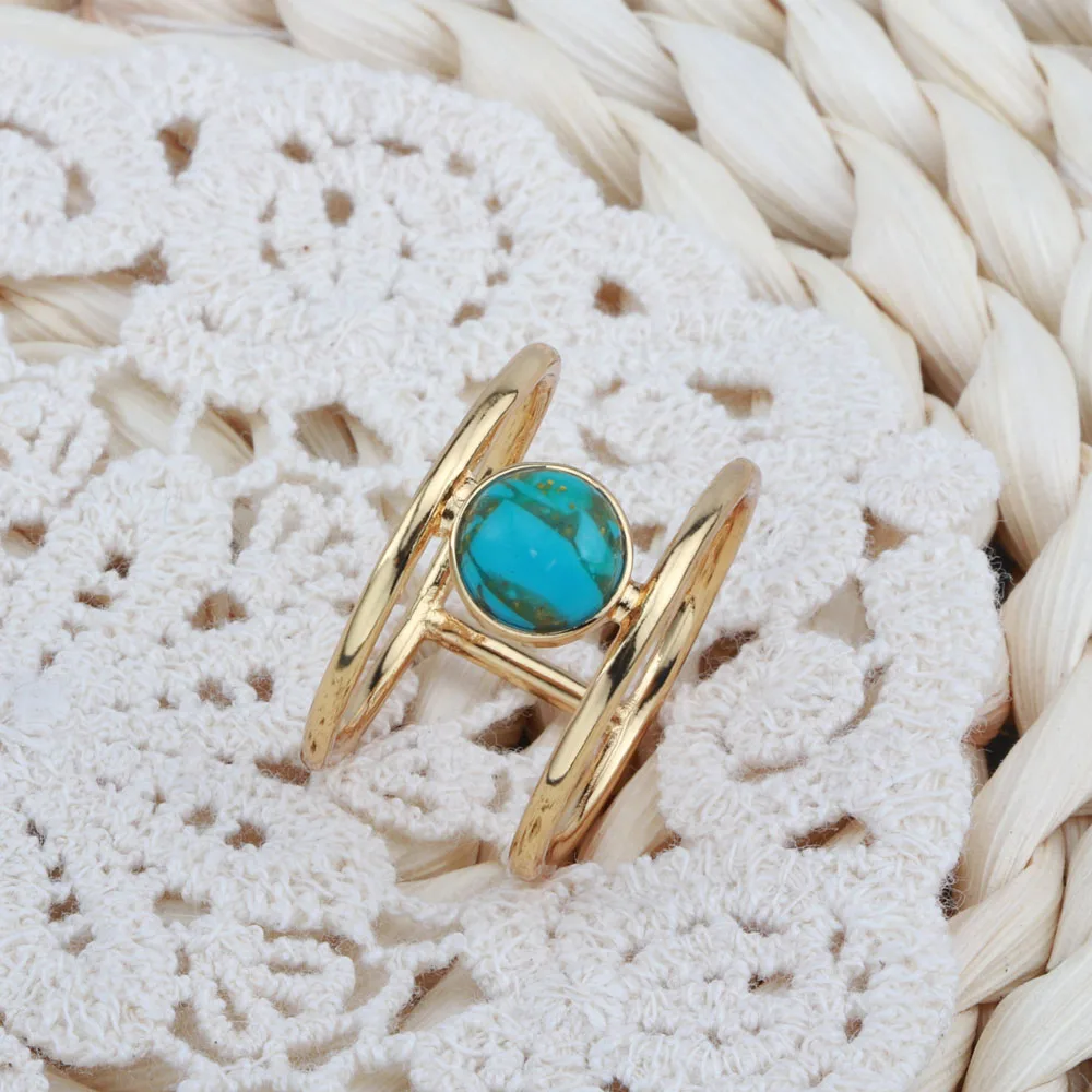

Fashion Jewelry Vintage Natural Blue Turquoises Rings Simple Double Design Golden Finger Ring For Women Men Wedding Party Gifts