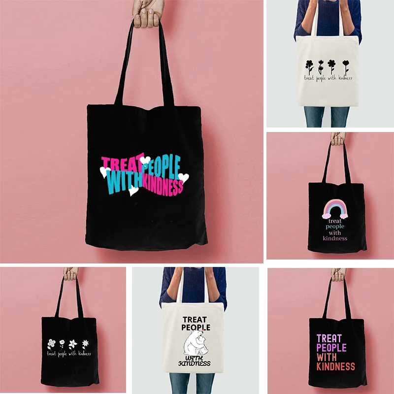 

Vintage Fine Line Shoulder Bags Casual Large Capacity Sweet Canvas Bag Vintage Treat People with Kindness Tote Bag Girl