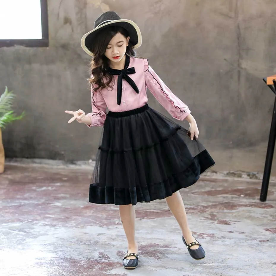 Подростковая одежда рубашка с оборками + юбка в сеточку комплект из 2 предметов