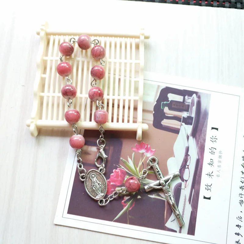 

New Fashion Pink Glass Decorative Pattern Beads Praying Rosary Bracelet With Cross Pendant Jewelry Gift For Elegant Women