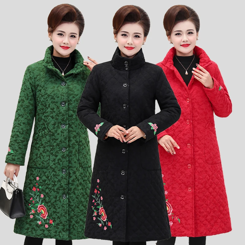 

Women Vintage Winter Jacket Plus Size 5XL Cotton Padded Women Winter Coat Female embroidered Jacket Stand Collar Long Parka