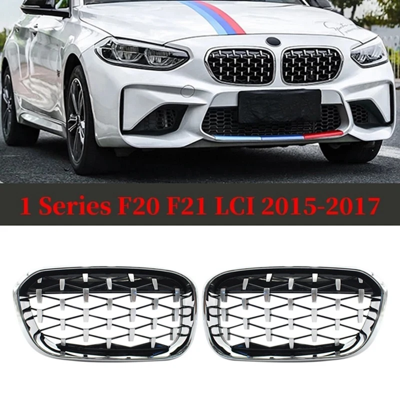 

1 Pair Front Kidney Diamond Style Grille Diamond Meteor Grills for -BMW 1 Series F20 F21 2015-2017 Racing Grills Chrome