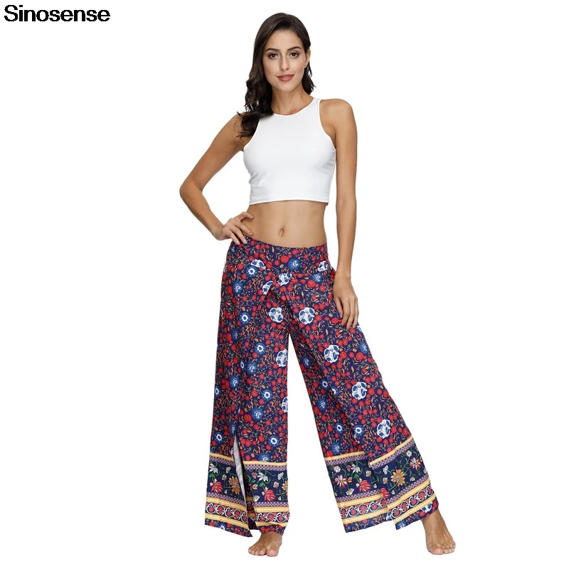 

Женские брюки с широкими штанинами в стиле бохо, тренировочные брюки палаццо с разрезом и цветочным принтом, весна-лето 2020, повседневные сво...