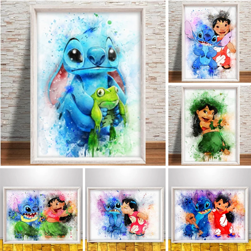 

Disney Lilo & Stitch Canvas Art Paintings Cartoons Anime Watercolor Poster Stitch Wall Art Picture for Nursery Room Home Decor