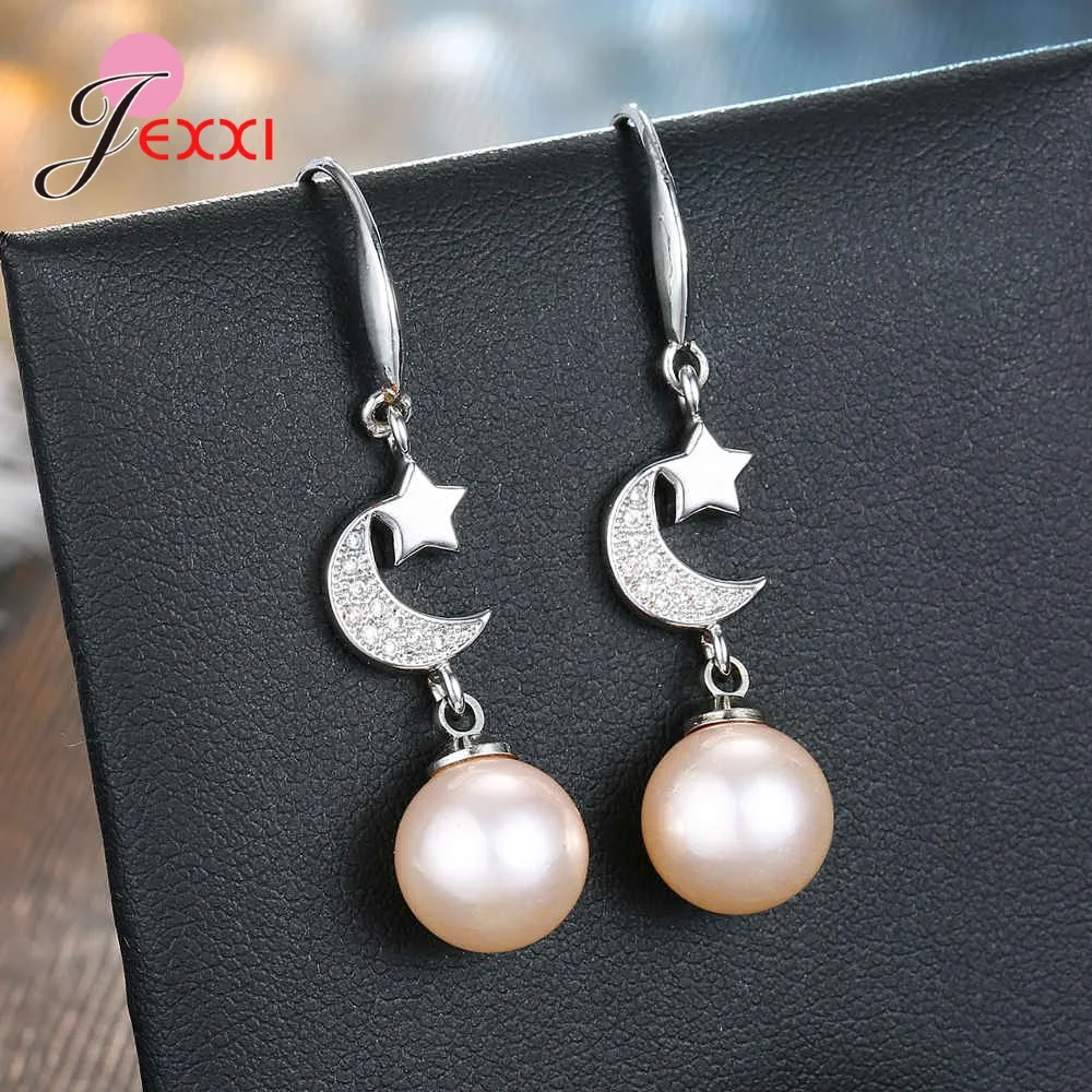 Женские серьги подвески из серебра 925 пробы с жемчугом Луной и