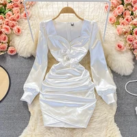 autumn new celebrity sexy square neck satin dresses long sleeve women white hip wrap slim pleated mini short dress 2021