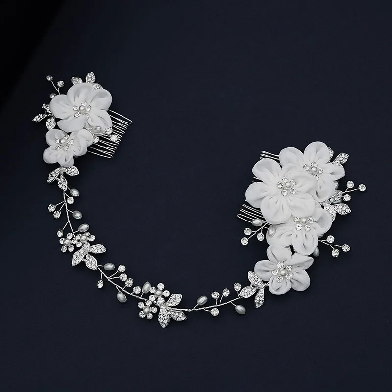 

Luxury Double-ended Insertion Hair Comb Handmade Cloth Chiffon Pearl Flowers Headband Bride Wedding Headpeice Hair Pin LB