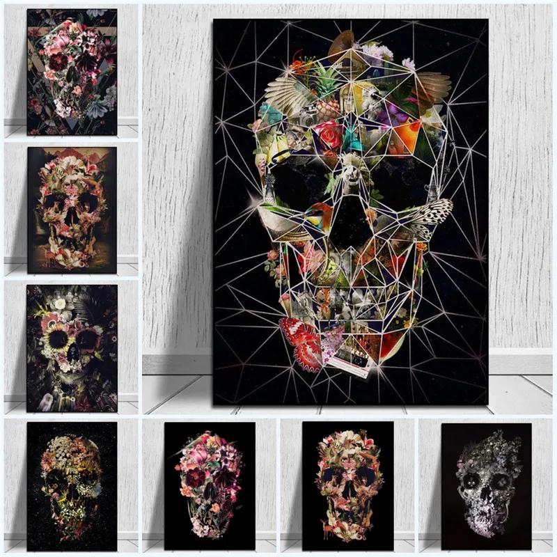 

Картина на холсте с изображением темных цветов, с черепом в стиле бохо, абстрактная Настенная картина для гостиной, украшение для дома