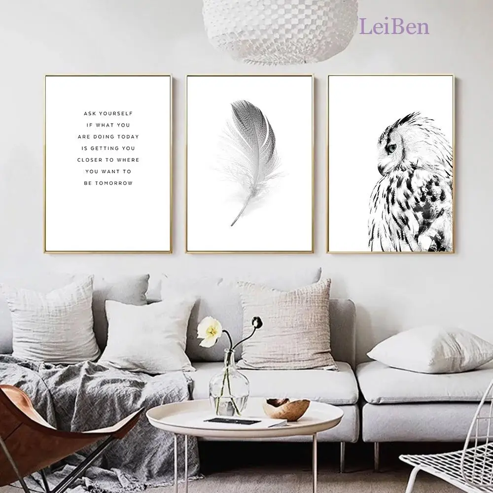

Animal Owl Black White Feather Canvas Painting Nordic Wall Art Poster Modern Home Decoration Bedroom Minimalist No Frame Picture
