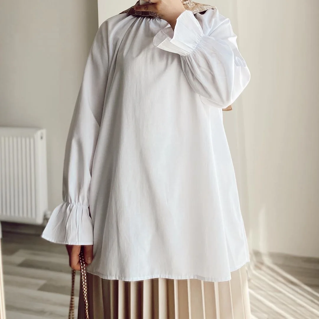 

Lace Detailed Tunic Long Buttoned Sleeves Polyester Fabric Plain Unlined Casual Hijap Collar Women Muslim Fashion