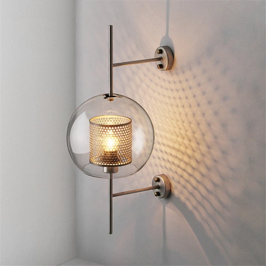 

Modern Clear Glass Shade Sconce LED Wall Lamp for Bedroom Bedsides Restaurant Study Hanging Lights Loft Retro Iron net lampshade