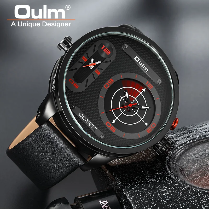 

Oulm Luxury Brand Fashion Two Time Zone Quartz Watch Large Dial Casual Leather Watch Men's Sports Watch