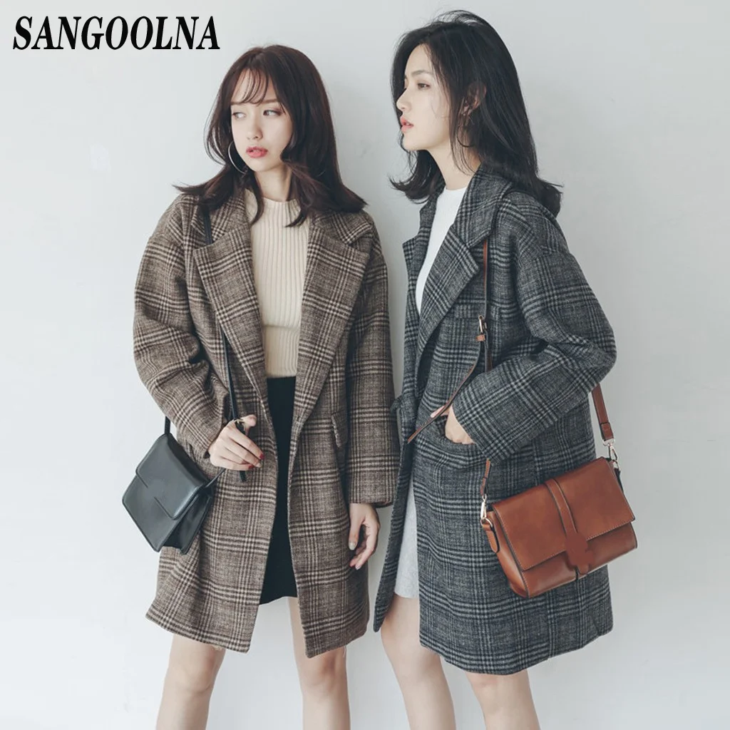 

Long Plaid Coat Women Autumn Winter 2020 Casual Outerwear Korean Wool Blends Vintage Loose Button Female Classic Tunic Ladies