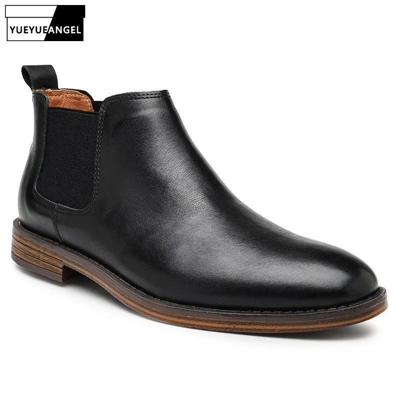 

Men High Top Shoes Business Genuine Leather Dress Boots British Style Vintage Casual Ankle Boots Wedding Chelsea Boots