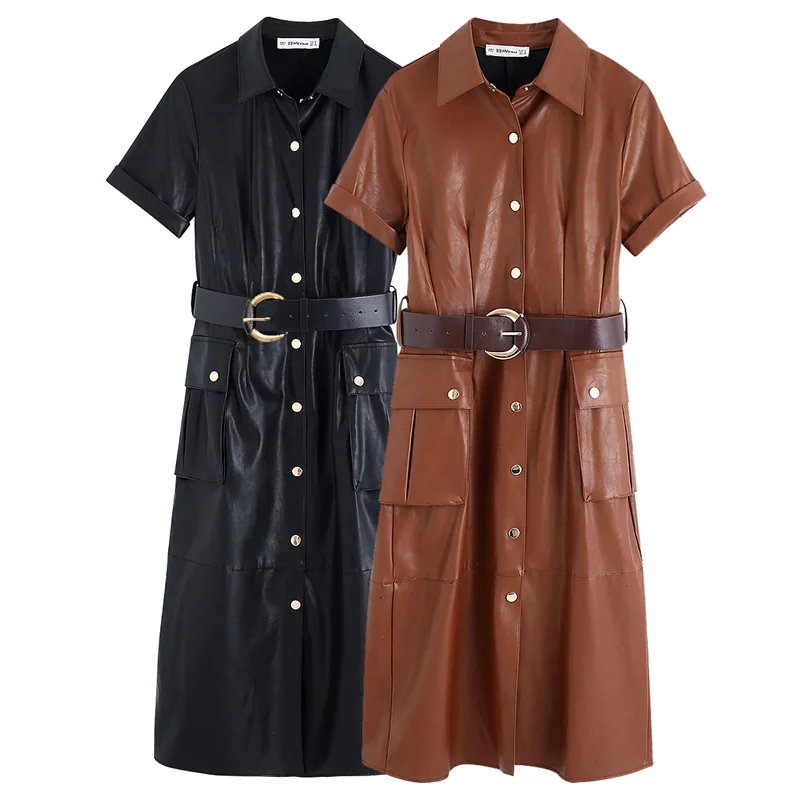 OMIKRON Новое модное зимнее черное коричневое женское платье из искусственной кожи